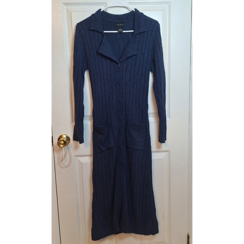 One Step Up Blue Cable Knit Button Front Cardigan Sweater Dress Normcore Size M